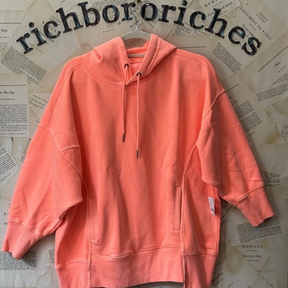 Free People Sprint To The Finish Hoodie Rib Hem Pockets Slouchy Hot Watermelon - Picture 6 of 7